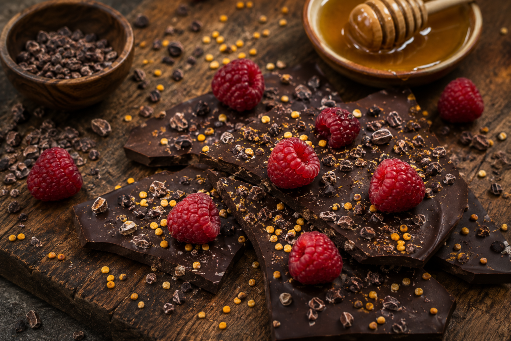 Dark artisan chocolate bark on a rustic wooden surface with cacao nibs, bee pollen, strawberries, and honey.