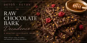 Raw chocolate bark made with cacao, bee pollen, and raspberries, presented as a healthy chocolate treat in the Detox Retox wellness collection.