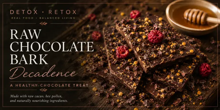 Raw chocolate bark made with cacao, bee pollen, and raspberries, presented as a healthy chocolate treat in the Detox Retox wellness collection.