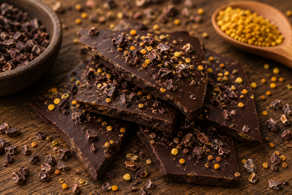 A close-up of broken raw chocolate bark pieces on a wooden board with cacao nibs and bee pollen.