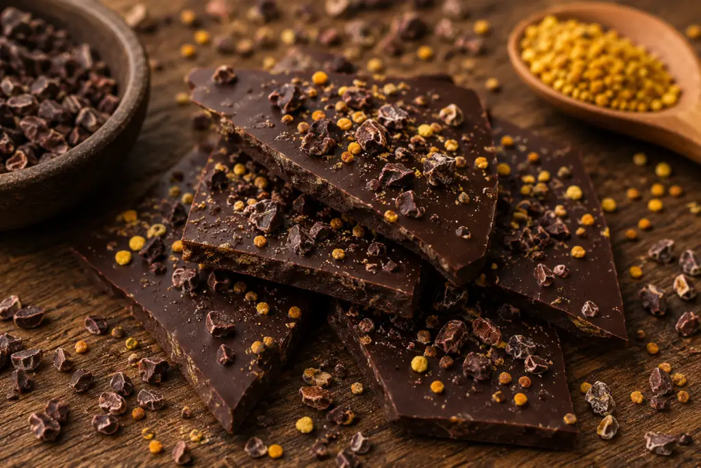 A close-up of broken raw chocolate bark pieces on a wooden board with cacao nibs and bee pollen.