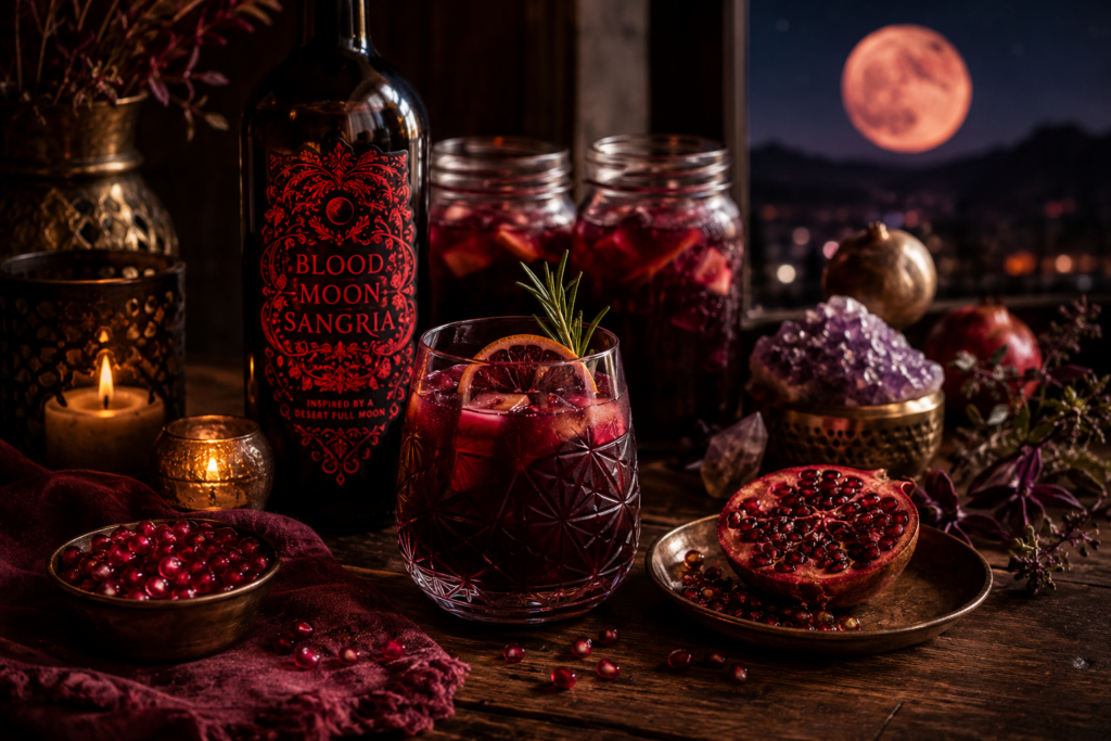 Blood Moon Sangria served in a crystal glass with pomegranate, candlelight, and a glowing red moon, creating a cozy ritual inspired by desert nights and mindful indulgence.
