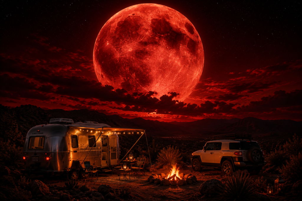 Cozy desert campsite beneath a colossal blood moon, featuring a glowing Airstream Bambi, campfire, and cream Toyota FJ Cruiser, capturing a moment of adventure, creativity, and the inspiration behind Blood Moon Sangria.