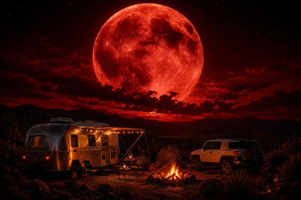 Cozy desert campsite beneath a colossal blood moon, featuring a glowing Airstream Bambi, campfire, and cream Toyota FJ Cruiser, capturing a moment of adventure, creativity, and the inspiration behind Blood Moon Sangria.