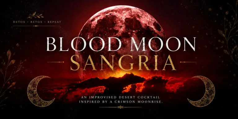 Crimson blood moon illuminating dramatic clouds above the desert horizon, featured image for Melodia Designs' Blood Moon Sangria recipe and Detox Retox lifestyle blog.