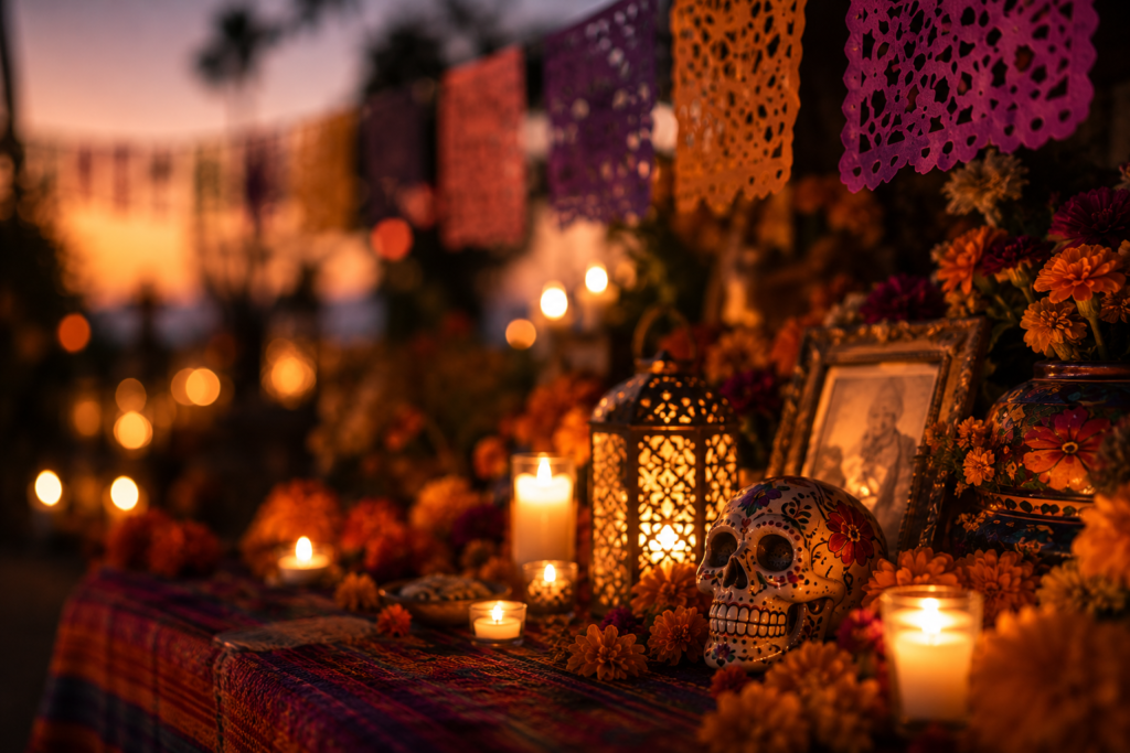 Candlelit ofrenda adorned with marigolds, papel picado, and memorial offerings, capturing the spirit of remembrance, family, and enduring connection celebrated in Ofrendas.