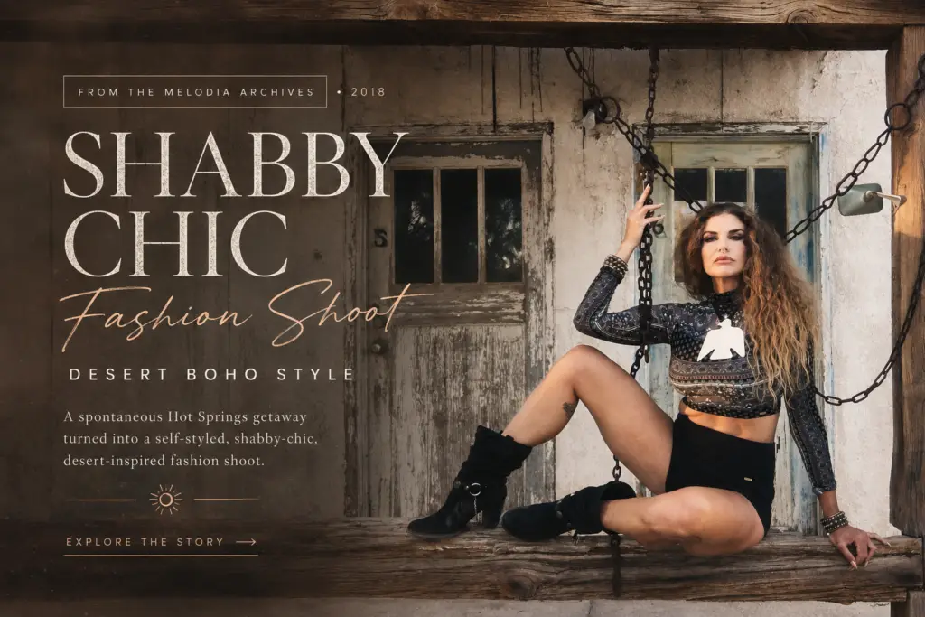 Shabby chic fashion shoot featuring Melodia Medley in a boho crop top and moto shorts posed against a rustic weathered backdrop with vintage-inspired typography.
