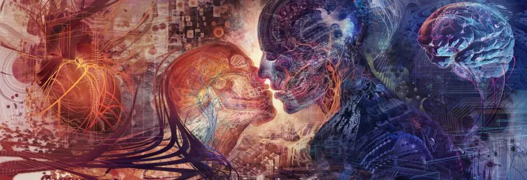 Android Jones artwork illustrating interconnected human consciousness and energy, symbolizing the C.M.R.A. self-care practice, emotional healing, empathy, and deeper connection.