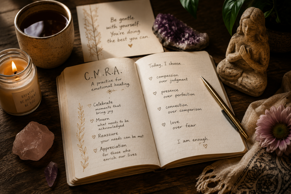 Journal illustrating the C.M.R.A. emotional healing practice with candles, crystals, and self-care elements, representing compassion, mindfulness, self-reflection, and wellness.