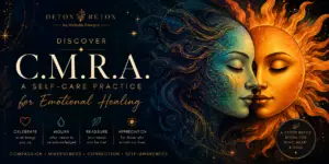 Discover C.M.R.A., a self-care practice for emotional healing, illustrated by celestial sun and moon imagery symbolizing compassion, mindfulness, connection, and appreciation.