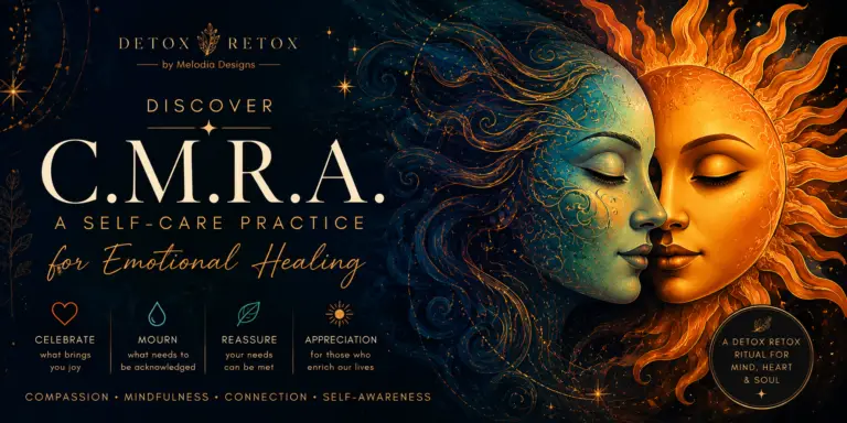 Discover C.M.R.A., a self-care practice for emotional healing, illustrated by celestial sun and moon imagery symbolizing compassion, mindfulness, connection, and appreciation.
