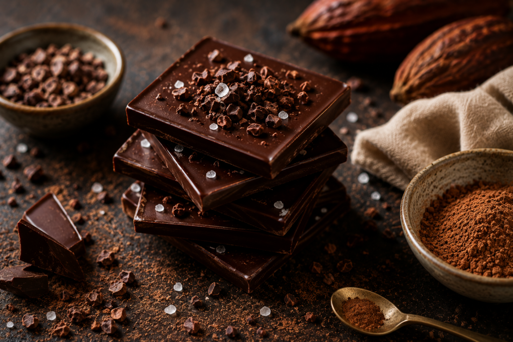 Good Tempered Chocolate editorial image featuring stacked dark chocolate squares topped with cacao nibs and sea salt on a rustic tabletop with cocoa powder and raw cacao pods.
