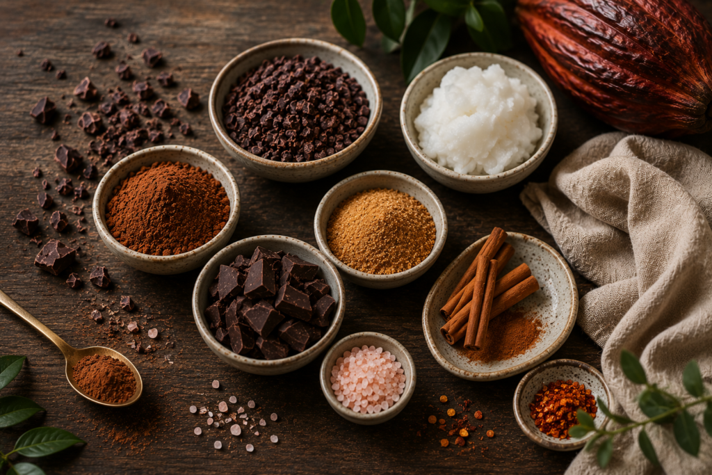 Flat-lay editorial image featuring ingredients for good tempered chocolate, including cacao powder, cacao nibs, dark chocolate chunks, coconut oil, cinnamon sticks, pink salt, and warming spices arranged in rustic ceramic bowls on a wooden table.
