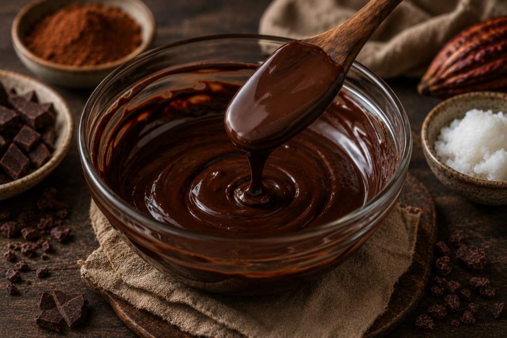 Close-up editorial image of smooth melted dark chocolate in a glass bowl with cacao powder, cacao nibs, coconut oil, and rustic wellness ingredients styled on a warm wooden tabletop.