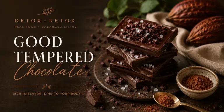 Good Tempered Chocolate featured image for Melodia Detox Retox, showcasing handcrafted dark chocolate bars with cacao nibs, cocoa powder, and cacao pods in a warm rustic setting.