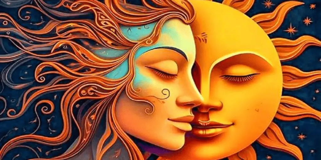 C.M.R.A. emotional healing artwork depicting intertwined sun and moon faces, symbolizing compassion, self-reflection, emotional balance, and human connection.