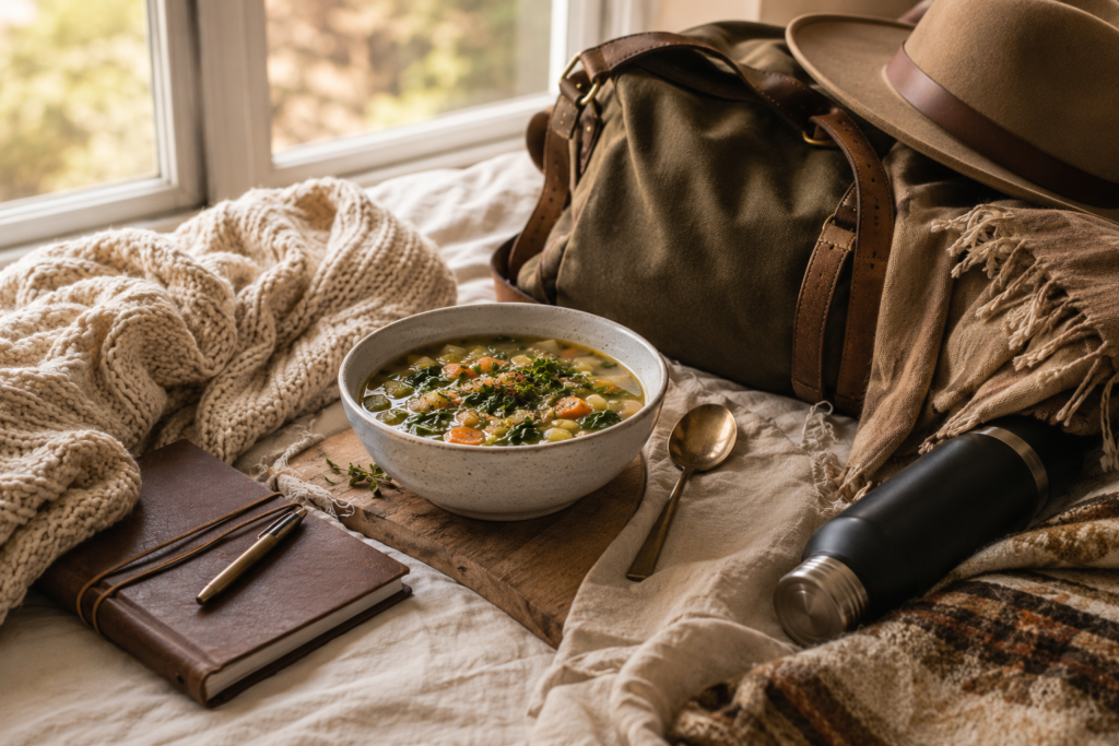 Cozy wellness soup with fresh vegetables beside a travel journal, blanket, thermos, and leather bag in warm natural light — nourishing comfort food for busy travel days.