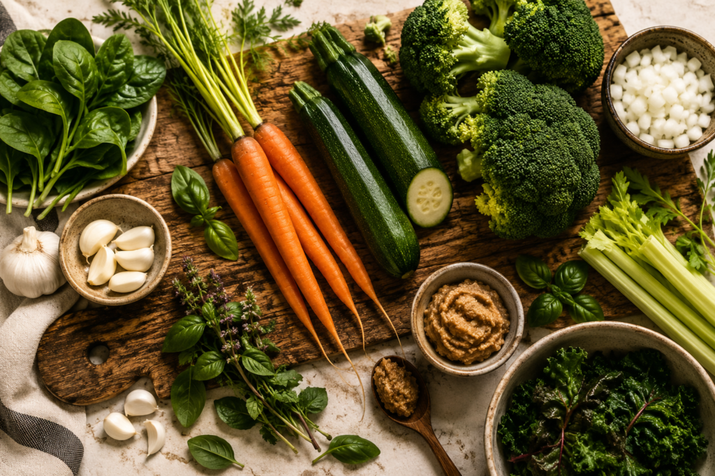 Fresh wellness soup ingredients including carrots, zucchini, broccoli, garlic, basil, leafy greens, and miso paste arranged on a rustic wooden board in warm natural light.