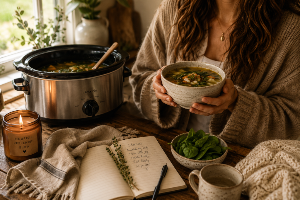 Warm wellness soup simmering in a crockpot beside a cozy kitchen table with fresh spinach, herbal tea, candles, and a woman holding a nourishing bowl of homemade vegetable soup.