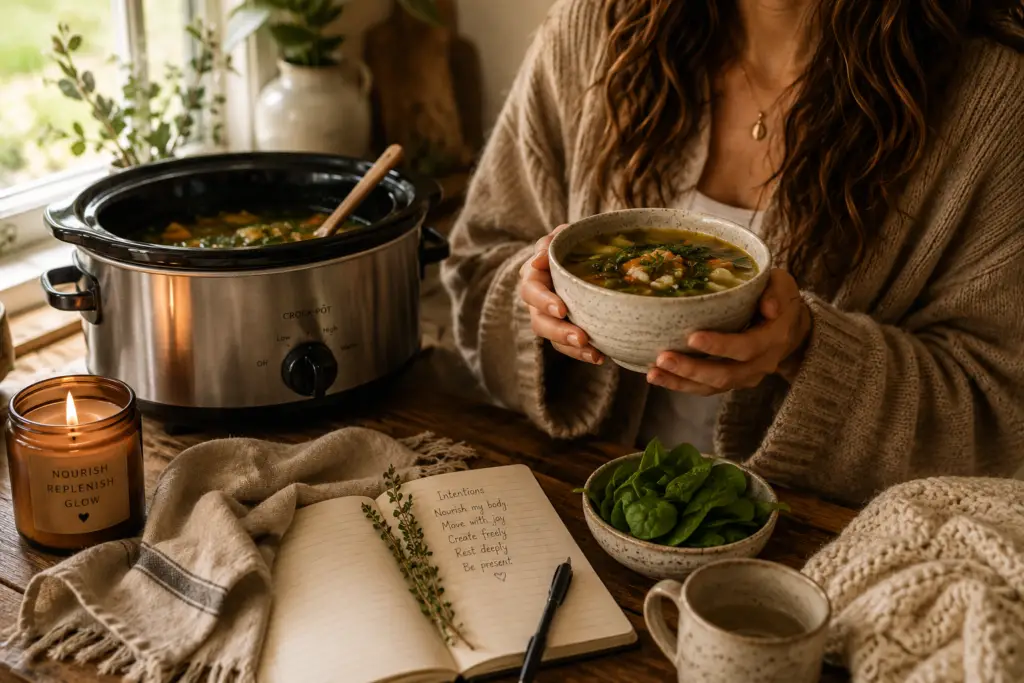 Warm wellness soup simmering in a crockpot beside a cozy kitchen table with fresh spinach, herbal tea, candles, and a woman holding a nourishing bowl of homemade vegetable soup.
