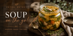 Detox Retox Soup on the Go featured image with nourishing homemade wellness soup in a glass jar, surrounded by herbs and rustic textures, alongside elegant typography promoting balanced living and cozy travel-day nourishment.