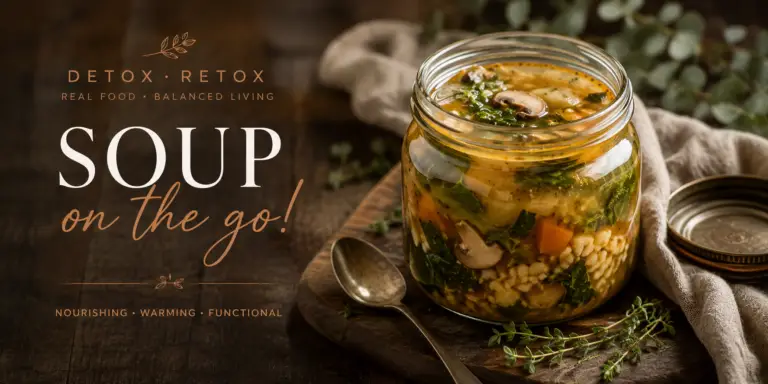 Detox Retox Soup on the Go featured image with nourishing homemade wellness soup in a glass jar, surrounded by herbs and rustic textures, alongside elegant typography promoting balanced living and cozy travel-day nourishment.