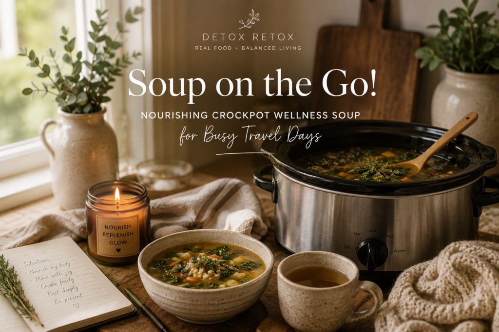 Detox Retox crockpot wellness soup for busy travel days featuring nourishing homemade vegetable soup, cozy kitchen styling, candlelight, herbal tea, and slow-cooked comfort food.
