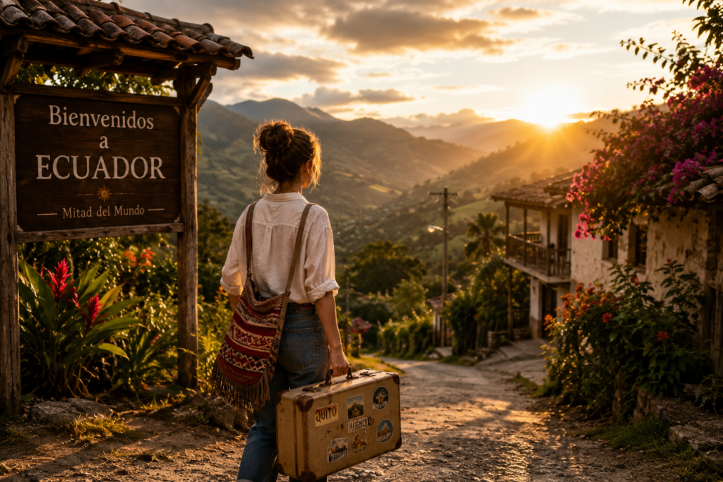 Young woman arriving in Ecuador for a new life, standing above a sunlit mountain village and valley, reflecting the journey, family connections, and memories shared in Meeting Tata.
