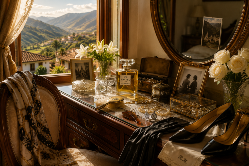 Elegant dressing table overlooking the Ecuadorian mountains, adorned with perfume, jewelry, silk accessories, and Italian heels, symbolizing Tata's sophistication, style, and lasting influence in Meeting Tata.