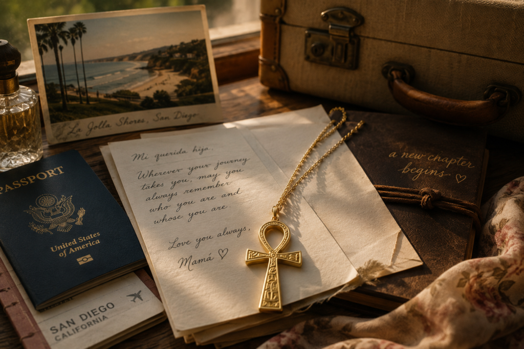 Gold Egyptian ankh necklace resting on a handwritten farewell letter from Deborah's mother, symbolizing love, guidance, and the journey from San Diego to Ecuador in Meeting Tata.