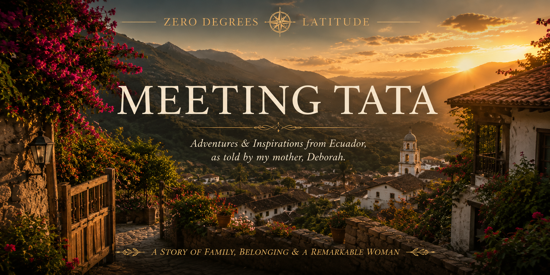 Meeting Tata featured image featuring a sunlit Ecuadorian village nestled in the Andes, capturing the themes of family, belonging, and the remarkable woman who shaped Deborah Medley's memories of Ecuador.
