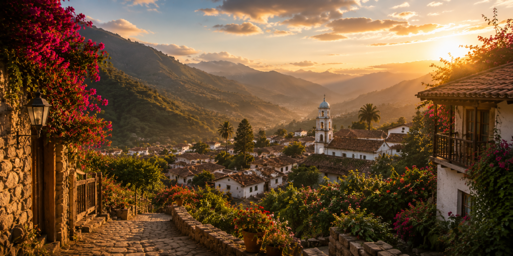 Golden sunlight illuminating a village in the Ecuadorian Andes, introducing the world of Meeting Tata and the family memories that inspired Deborah Medley's story.