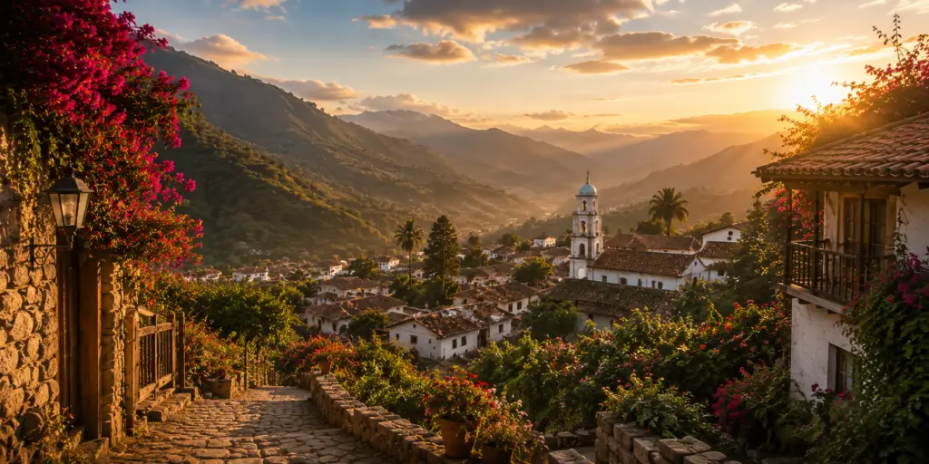 Golden sunlight illuminating a village in the Ecuadorian Andes, introducing the world of Meeting Tata and the family memories that inspired Deborah Medley's story.