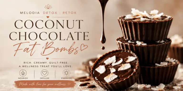 Coconut Chocolate Fat Bombs featured image with rich dark chocolate wellness treats topped with coconut flakes, styled in a luxury Detox Retox editorial design for an easy wellness dessert recipe.