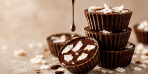 Close-up of decadent coconut chocolate fat bombs with glossy dark chocolate, coconut flakes, and rich ganache drizzle in a warm, moody food photography scene.