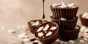 Close-up of decadent coconut chocolate fat bombs with glossy dark chocolate, coconut flakes, and rich ganache drizzle in a warm, moody food photography scene.