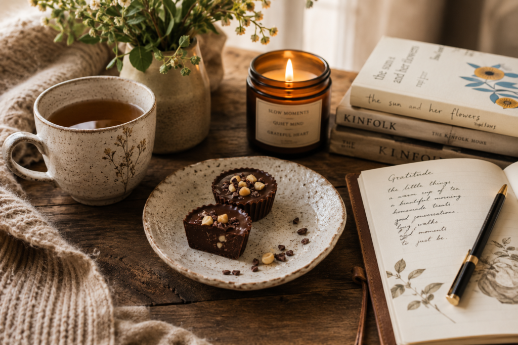 Homemade Coconut Chocolate Fat Bombs enjoyed as part of a cozy daily ritual with tea, candlelight, and journaling, celebrating simple pleasures, nourishment, and intentional living.