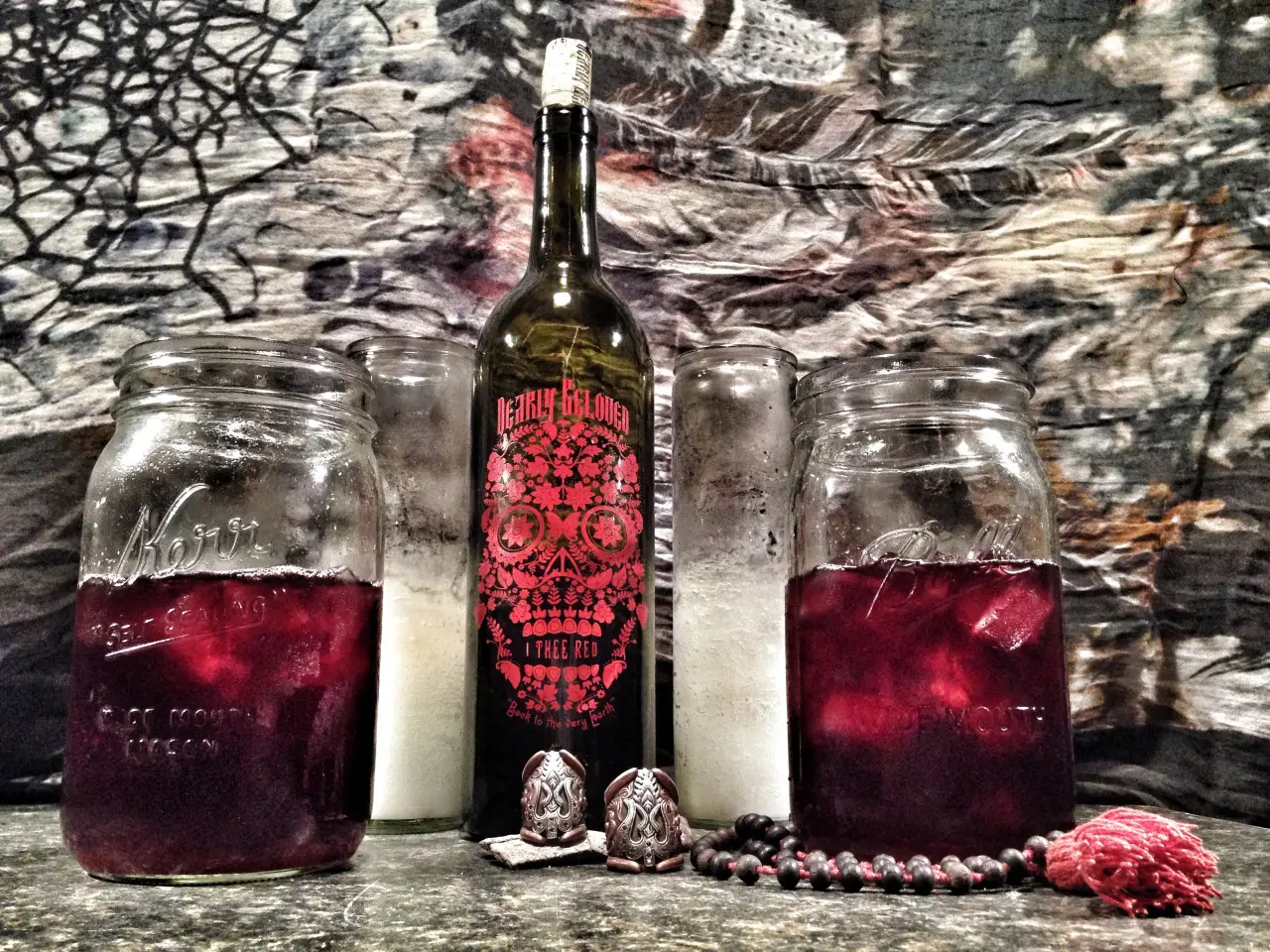 Homemade Blood Moon Sangria made with red wine, ginger root beer, vanilla sweetener, and pumpkin pie spice.