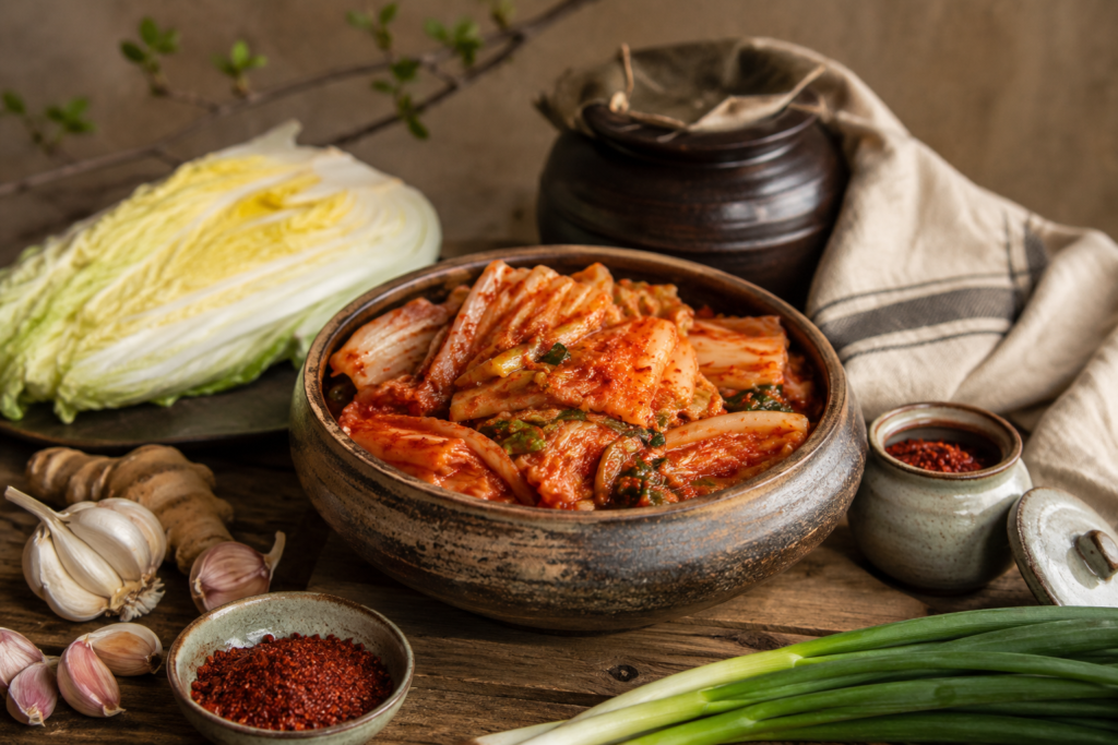 Detox Retox Easy Kimchee Recipe ingredient scene featuring homemade Mak Kimchee alongside napa cabbage, garlic, ginger, green onions, and Korean chili flakes on a rustic wooden table, reflecting handcrafted preparation, bold flavor, and the rewarding process of creating food from scratch.