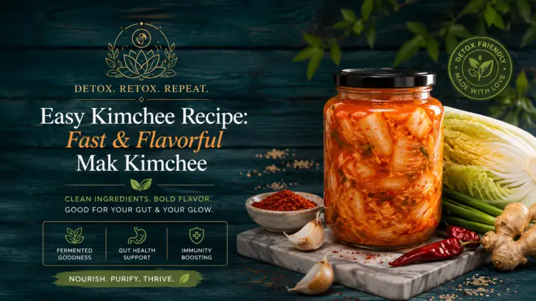 Easy kimchee recipe for the Detox Retox blog featuring homemade Mak Kimchee in a glass jar with fresh cabbage, chili peppers, garlic, and Korean spices on a marble countertop.