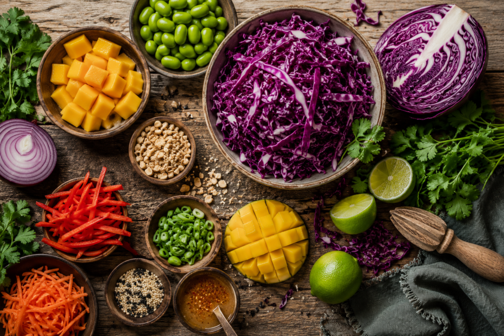 Detox Retox Vibrant Thai-Inspired Slaw ingredients showcased in a colorful preparation scene featuring purple cabbage, mango, edamame, fresh herbs, lime, and sesame seeds, reflecting bold flavors, creative cooking, and the joy of culinary exploration.
