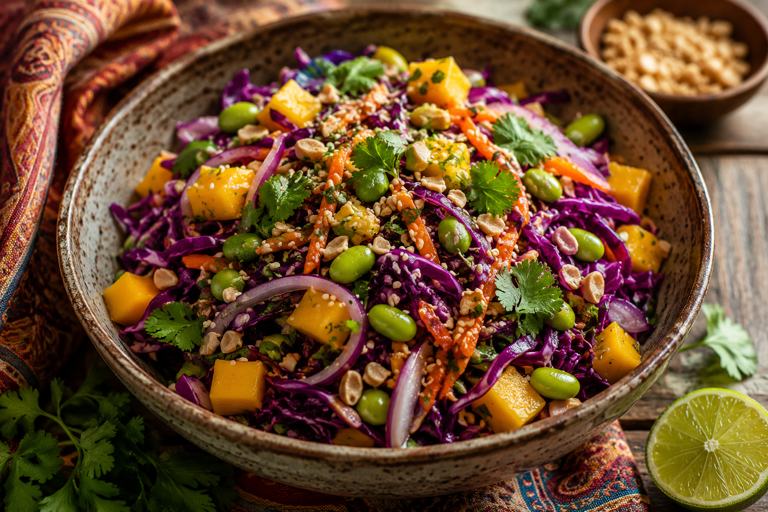 Detox Retox Vibrant Thai-Inspired Slaw featuring colorful cabbage, mango, edamame, fresh herbs, sesame seeds, and lime in a rustic ceramic bowl, capturing the spirit of culinary adventure, vibrant flavors, and nourishing everyday meals.