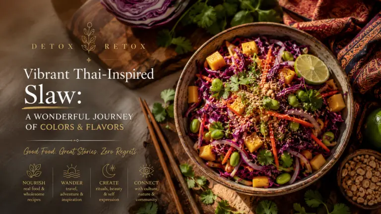 Detox Retox Vibrant Thai-Inspired Slaw featured image showcasing a colorful cabbage slaw with mango, edamame, carrots, red onion, cilantro, sesame seeds, and lime in a rustic bowl, celebrating bold flavors, culinary adventure, and nourishing seasonal meals.