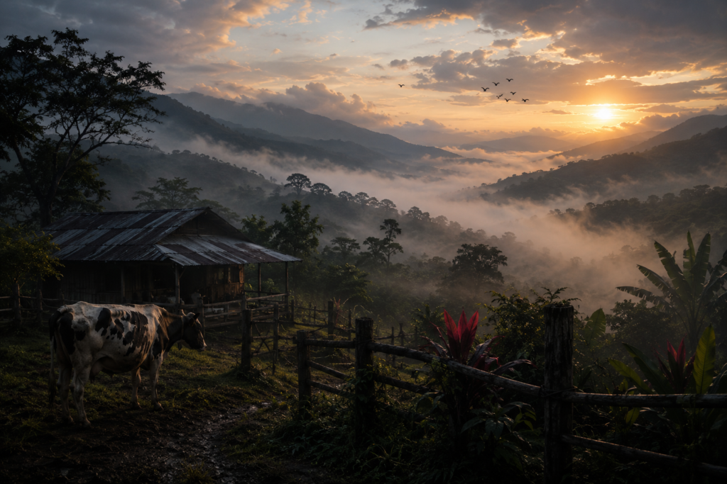 Misty dawn over a remote Ecuador farm in the Valle de Vilcabamba, where a Holstein cow stands beside a rustic farmhouse above a cloud-filled mountain valley at latitude zero.