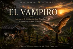 El Vampiro featured image depicting a misty Ecuador mountain farm, Clara Bella the Holstein, and a vampire bat, capturing the mystery, memory, and family stories of Zero Degrees Latitude.