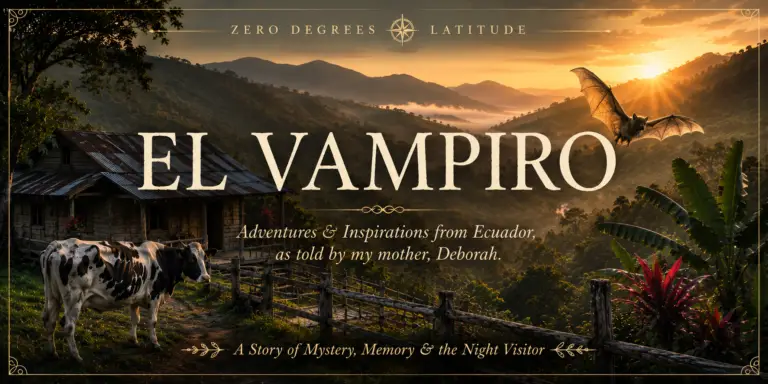 Misty Ecuador mountain farm at sunrise with a rustic farmhouse, Holstein cow, and vampire bat, capturing the mystery, memory, and adventure of El Vampiro.
