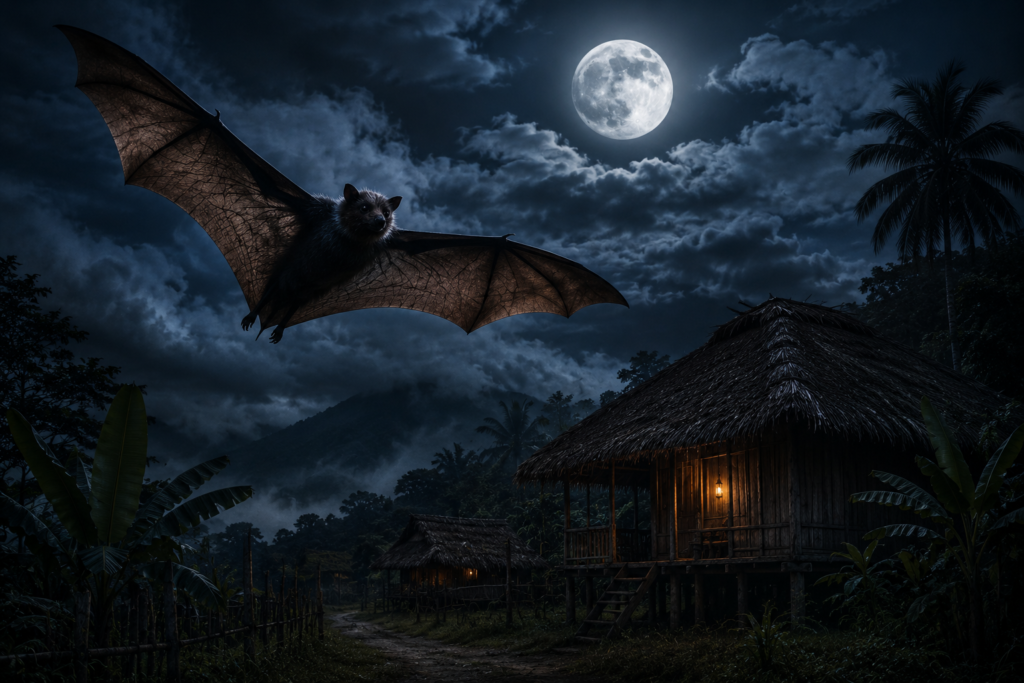 Vampire bat gliding through the moonlit skies above a remote Ecuador village, capturing the mystery, folklore, and atmosphere of El Vampiro and Zero Degrees Latitude.