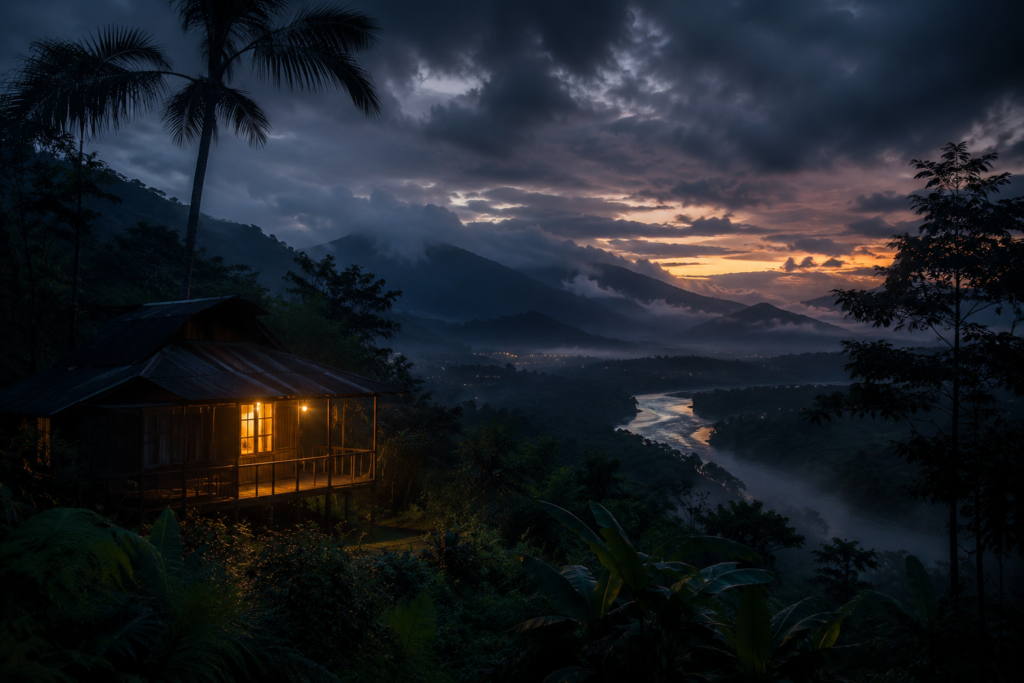 Remote Ecuador rainforest valley at dusk with a glowing cabin, winding river, and mountain mist, capturing the mystery, isolation, and beauty of life at latitude zero.