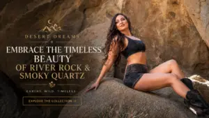 Featured image for Melodia Designs’ ‘Desert Dreams: Embrace the Timeless Beauty of River Rock & Smoky Quartz’ blog post featuring a model lounging on sunlit desert boulders in smoky quartz-inspired festival fashion with earthy tones, western boots, and rugged canyon scenery.