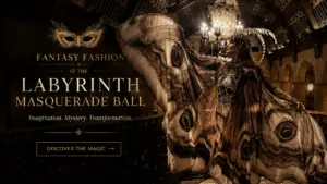 Featured image for Melodia Designs’ ‘Fantasy Fashion at the Labyrinth Masquerade Ball’ blog post featuring a model in an elaborate moth-inspired masquerade gown inside a grand gothic ballroom, with dramatic wings, ornate headpiece, and cinematic golden lighting.